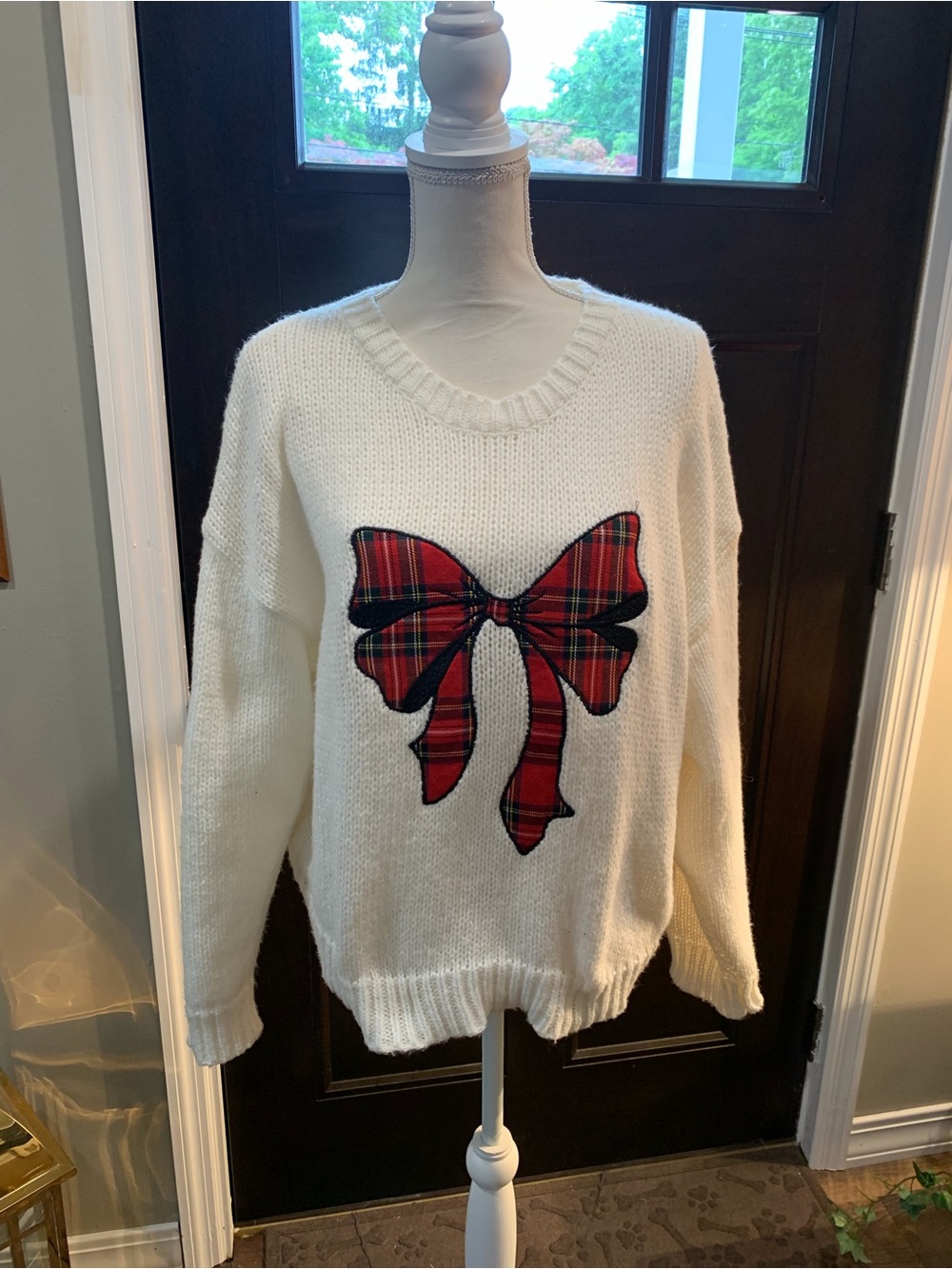 Women's Cream Crewneck Sweater with Red Plaid Bow
